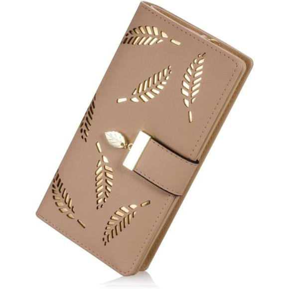 Women's Long Leaf Bifold Wallet Leather Card Holder Purse Zipper Buckle Clutch - Picture 1 of 6